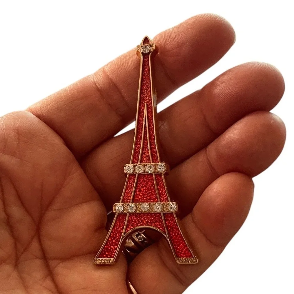Sap Polyne Paris Eiffel Tower Brooch Red Enamel Rhinestone Gold Tone Made France